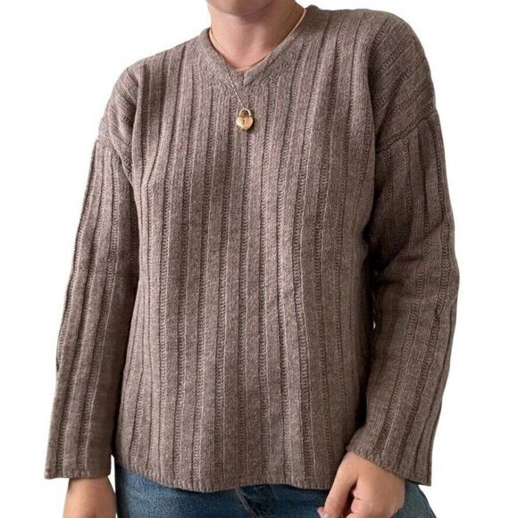 Vintage J Crew Womens Tan Brown Ribbed 100% Wool V Neck Cropped Sweater Sz L - Picture 1 of 8